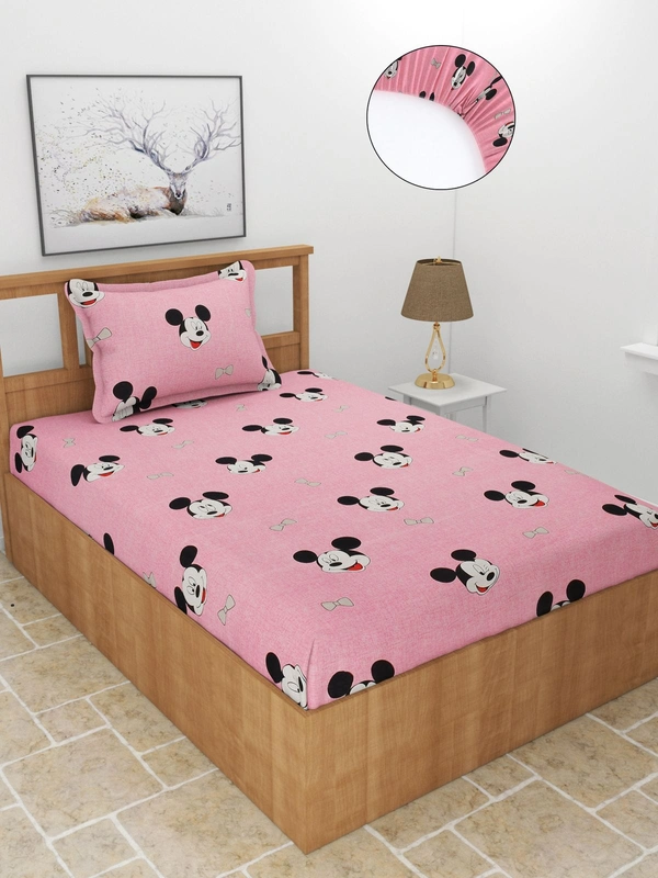 MORADO Premium Glace Cotton Elastic Fitted Single Bedsheet with 1 Pillow Cover (36x72x8 Inches) - Pink