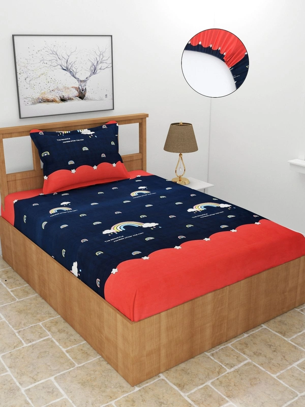 MORADO Premium Glace Cotton Elastic Fitted Single Bedsheet with 1 Pillow Cover (36x72x8 Inches) - Multicolor