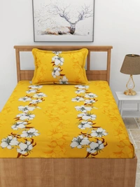 MORADO Premium Glace Cotton Elastic Fitted Single Bedsheet with 1 Pillow Cover (36x72x8 Inches) - Mustard