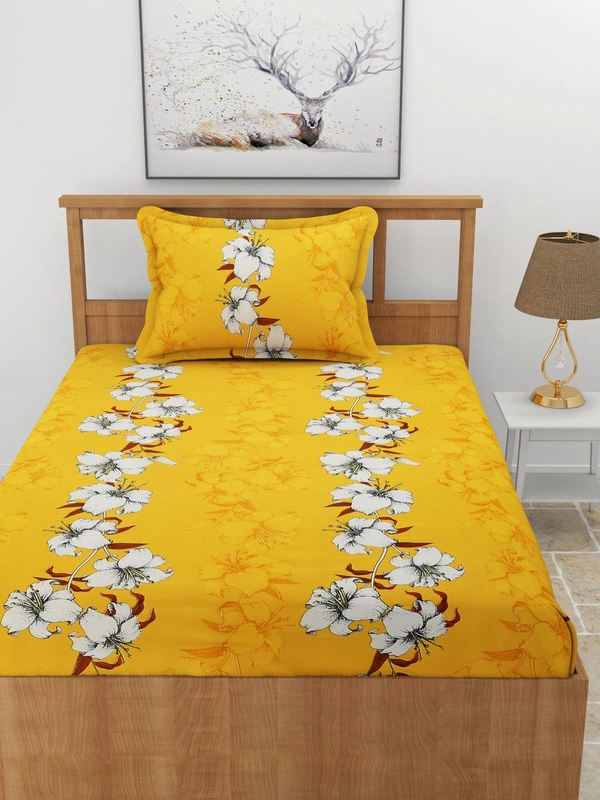 MORADO Premium Glace Cotton Elastic Fitted Single Bedsheet with 1 Pillow Cover (36x72x8 Inches) - Mustard