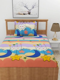 MORADO Premium Glace Cotton Elastic Fitted Single Bedsheet with 1 Pillow Cover (36x72x8 Inches) - Multicolor