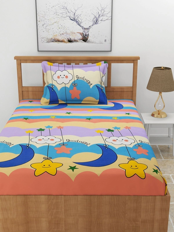 MORADO Premium Glace Cotton Elastic Fitted Single Bedsheet with 1 Pillow Cover (36x72x8 Inches) - Multicolor
