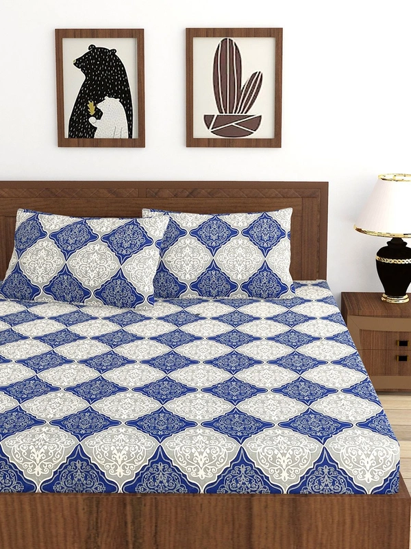 MORADO Premium Cotton Casement Elastic Fitted Double Bedsheet with 2 Pillow Covers (72x78x8 Inches) - Blue White