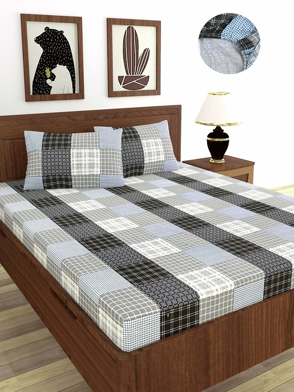 MORADO Premium Cotton Casement Elastic Fitted Double Bedsheet with 2 Pillow Covers (72x78x8 Inches) - Grey