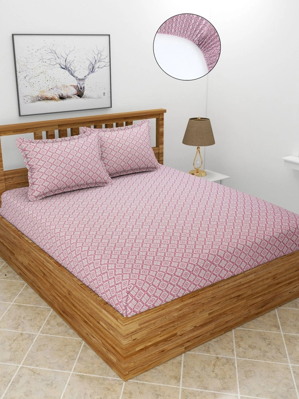 MORADO Premium Cotton Casement Elastic Fitted Double Bedsheet with 2 Pillow Covers (72x78x8 Inches) - Pink