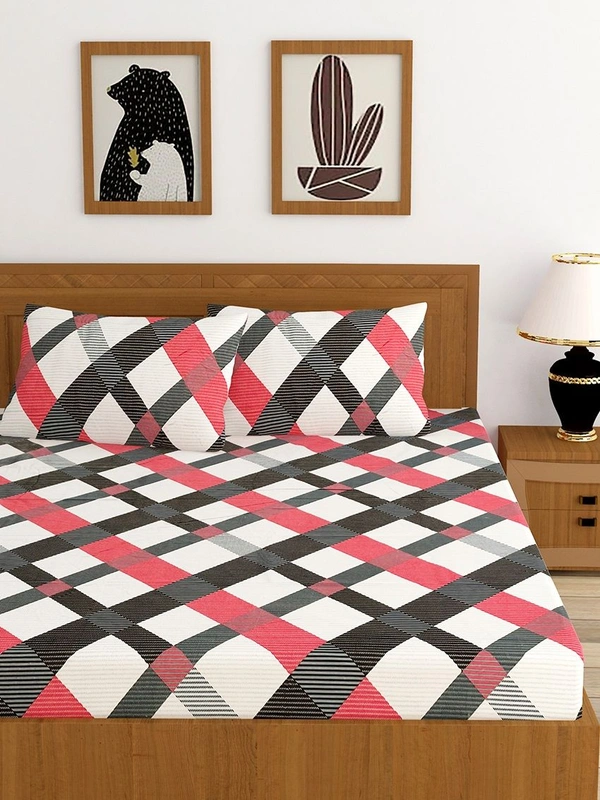MORADO Premium Cotton Casement Elastic Fitted Double Bedsheet with 2 Pillow Covers (72x78x8 Inches) - Red Black