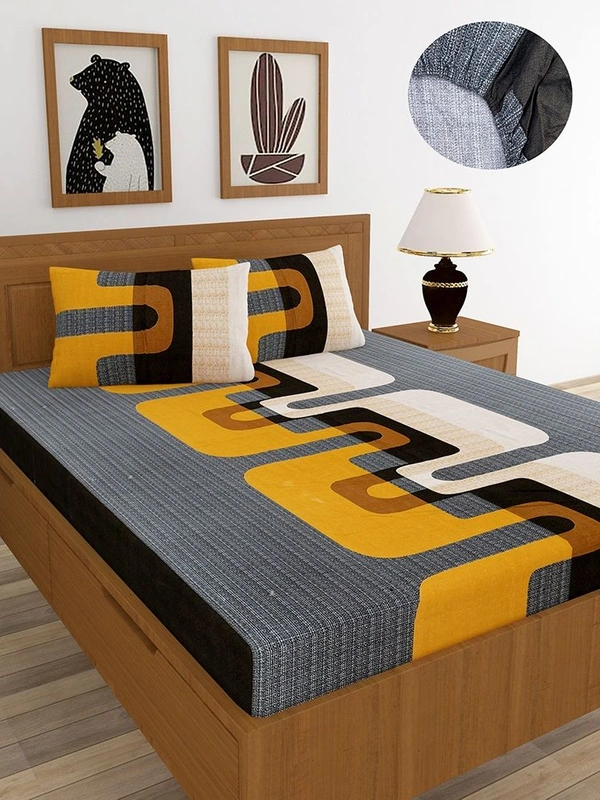 MORADO Premium Cotton Casement Elastic Fitted Double Bedsheet with 2 Pillow Covers (72x78x8 Inches) - Yellow