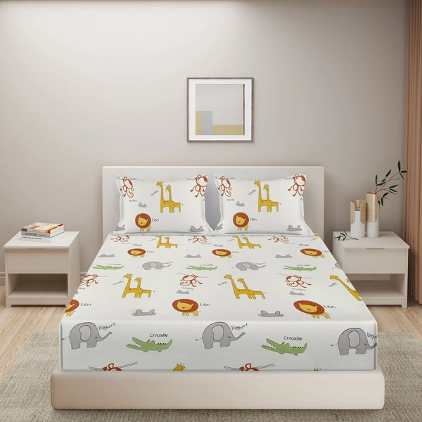 MORADO Premium Glace Cotton Elastic Fitted Double Bedsheet with 2 Pillow Covers (72x78x8 Inches) - Offwhite