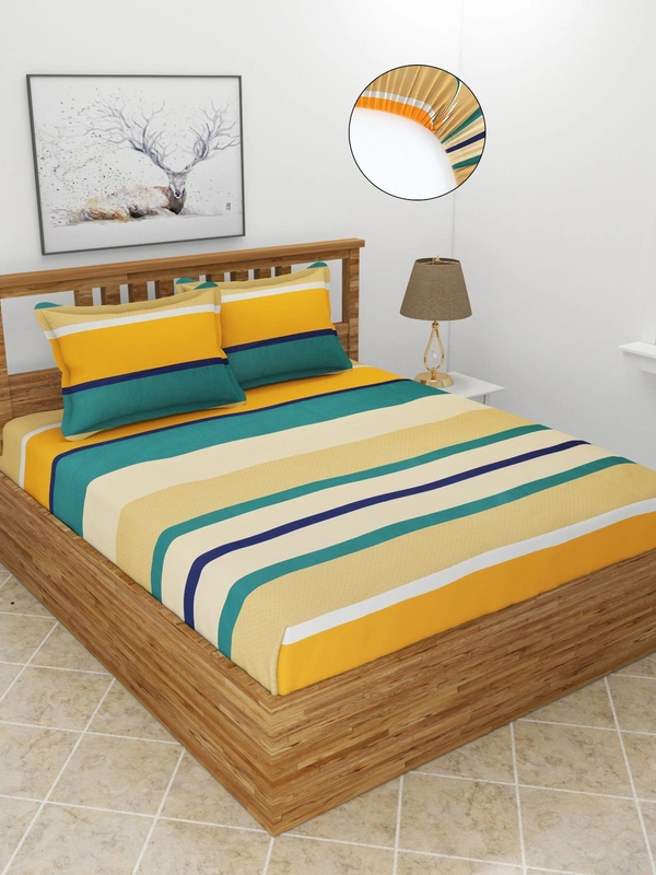 MORADO Premium Glace Cotton Elastic Fitted Double Bedsheet with 2 Pillow Covers (72x78x8 Inches) - Multicolor