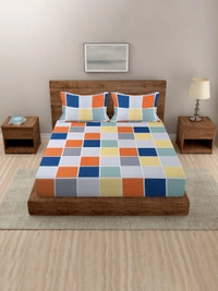 MORADO Premium Glace Cotton Elastic Fitted Double Bedsheet with 2 Pillow Covers (72x78x8 Inches) - Multicolor