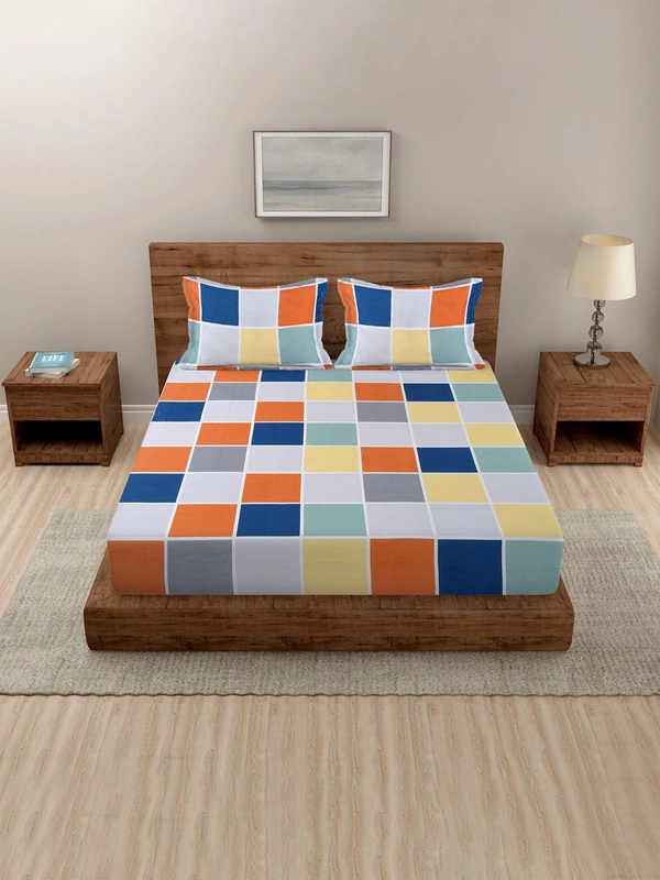 MORADO Premium Glace Cotton Elastic Fitted Double Bedsheet with 2 Pillow Covers (72x78x8 Inches) - Multicolor