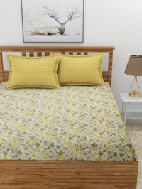 MORADO Premium Glace Cotton King Size Elastic Fitted Bedsheet with 2 Pillow Covers (72x78x8 Inches, Yellow) - 72x78x10 Inches, Yellow