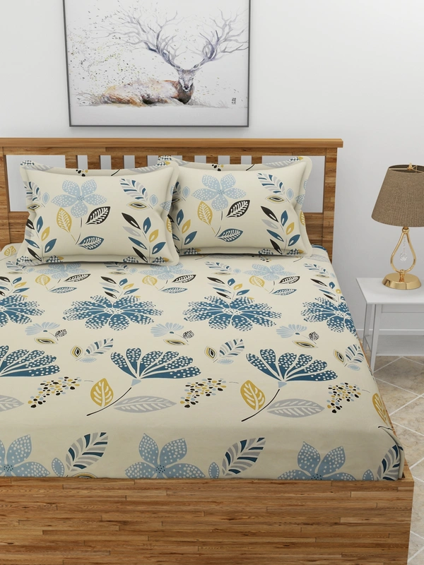 MORADO Premium Glace Cotton Elastic Fitted Double Bedsheet with 2 Pillow Covers (72x78x10 Inches, Blue Leaf) - 72x78x10 Inches