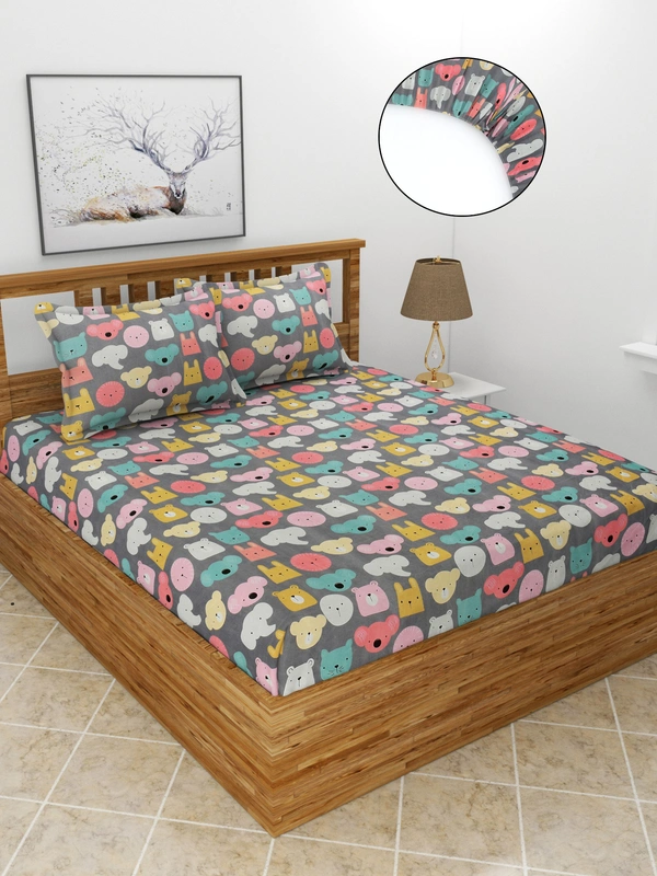 MORADO Premium Glace Cotton Elastic Fitted Double Bedsheet with 2 King Size Pillow Covers (72x78x8 Inch, Multicolor) - 72x78x8 Inches