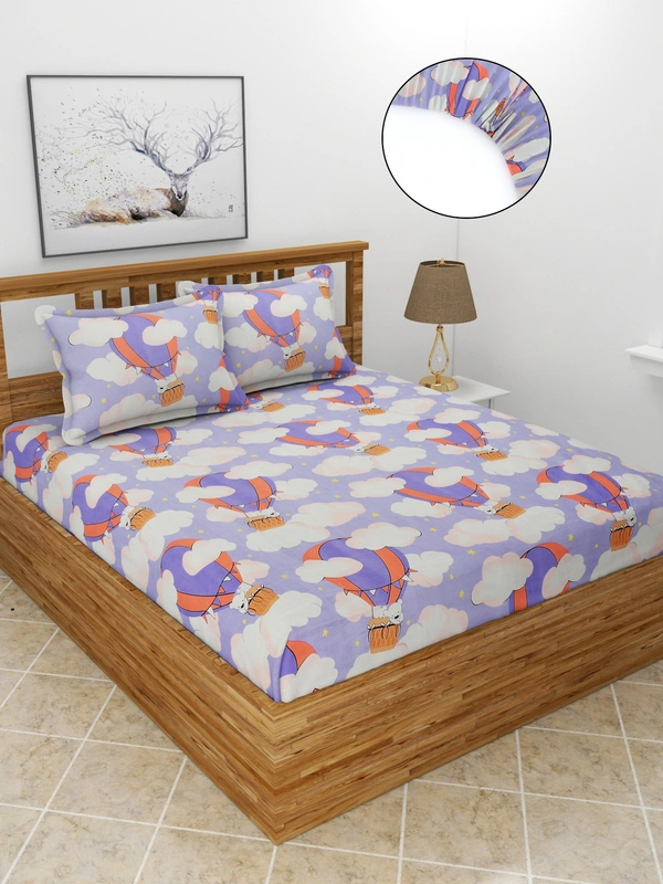 MORADO Premium Glace Cotton Elastic Fitted Double Bedsheet with 2 King Size Pillow Covers (72x78x8 Inches, Purple) - 72x78x8 Inches