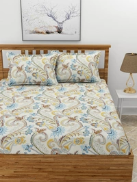 MORADO Premium Glace Cotton Elastic Fitted Double Bedsheet with 2 King Size Pillow Covers (72x78x8 Inches, Offwhite Blue) - 72x78x8 Inches, Blue