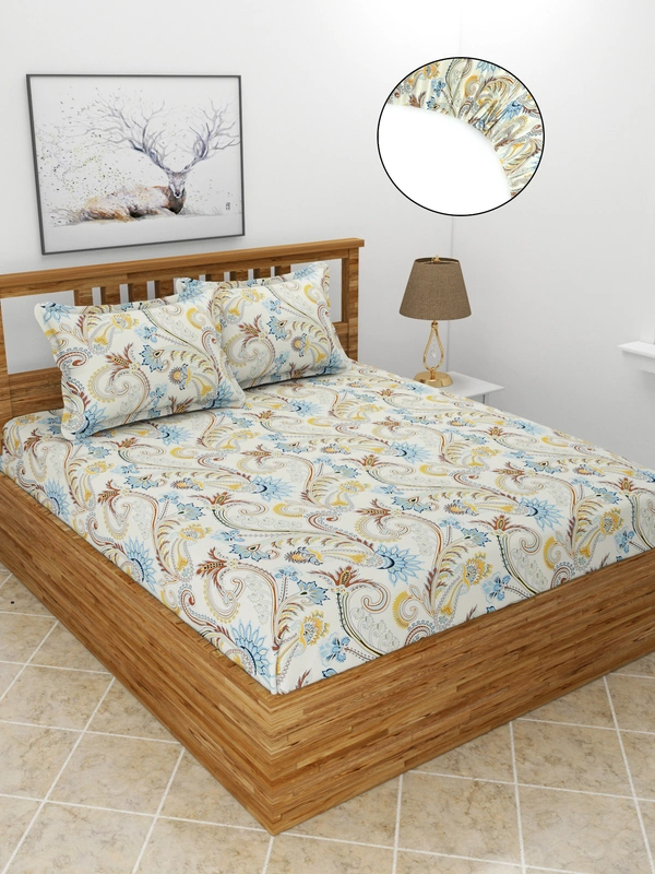 MORADO Premium Glace Cotton Elastic Fitted Double Bedsheet with 2 King Size Pillow Covers (72x78x8 Inches, Offwhite Blue) - 72x78x8 Inches