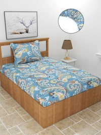MORADO Premium Glace Cotton Elastic Fitted Single Bedsheet with 1 King Size Pillow Cover (36x72x8 Inches, Blue) - 36x72x8 Inches, Blue