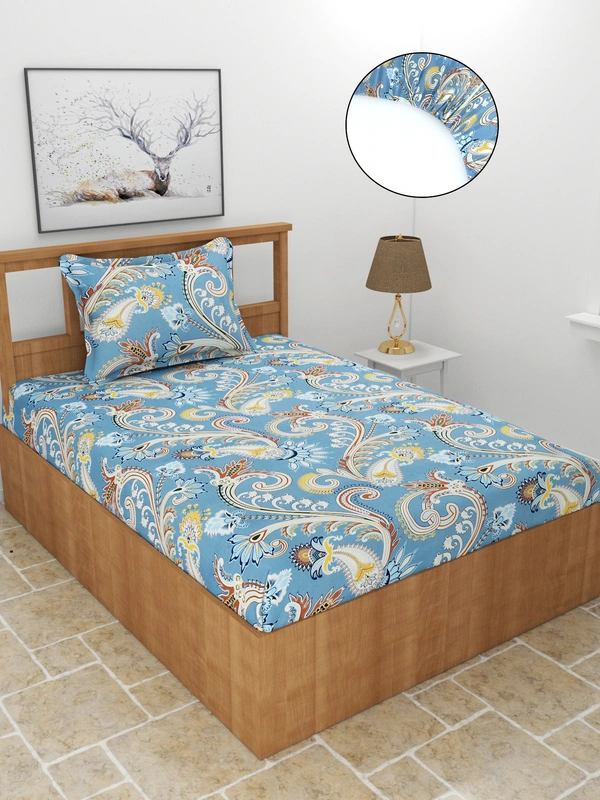 MORADO Premium Glace Cotton Elastic Fitted Single Bedsheet with 1 King Size Pillow Cover (36x72x8 Inches, Blue) - 36x72x8 Inches, Blue