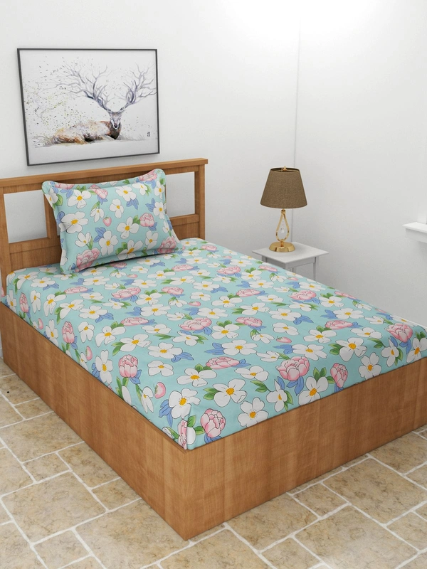 MORADO Premium Glace Cotton 210 TC Elastic Fitted Single Bedsheet with 1 Pillow Cover (36x72x8 Inches) - 36x72x8 Inches