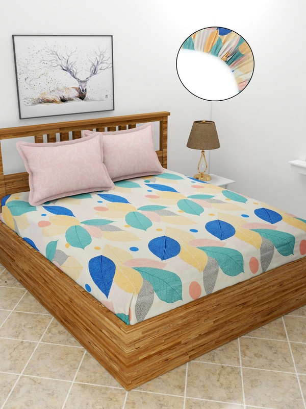 MORADO Premium Glace Cotton King Size Elastic Fitted Bedsheet with 2 Pillow Covers (72x78x8 Inches, Multi Leaf) - 72x78x10 Inches, Mutlicolor