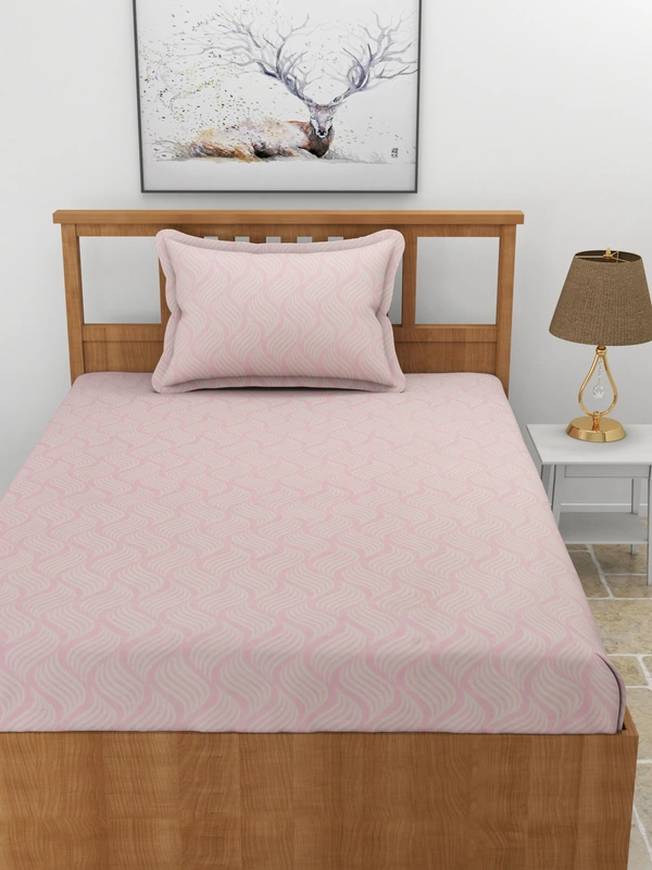 MORADO Premium Glace Cotton Elastic Fitted Single Bedsheet with 1 King Size Pillow Cover (36x72x8 Inches, Pink) - 36x72x8 Inches, Pink
