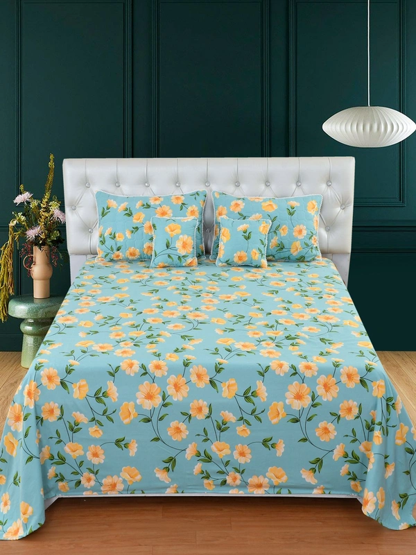 MORADO Glace Cotton 5 Pcs with Beautiful White Pompom Lace Bedding Set | Double Bed Size Bedsheet with 2 Pillow Covers and 2 Filled Cushions (90x100 Inches - Light Green) - 90x100 Inches, Light Green