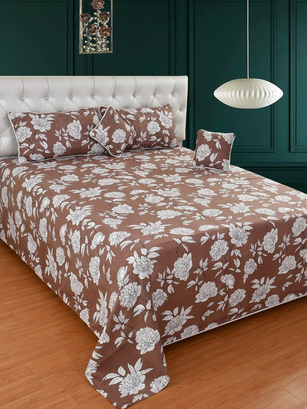 MORADO Glace Cotton 5 Pcs with Beautiful White Pompom Lace Bedding Set | Double Bed Size Bedsheet with 2 Pillow Covers and 2 Filled Cushions (90x100 Inches - Coffee) - 90x100 Inches, Coffee