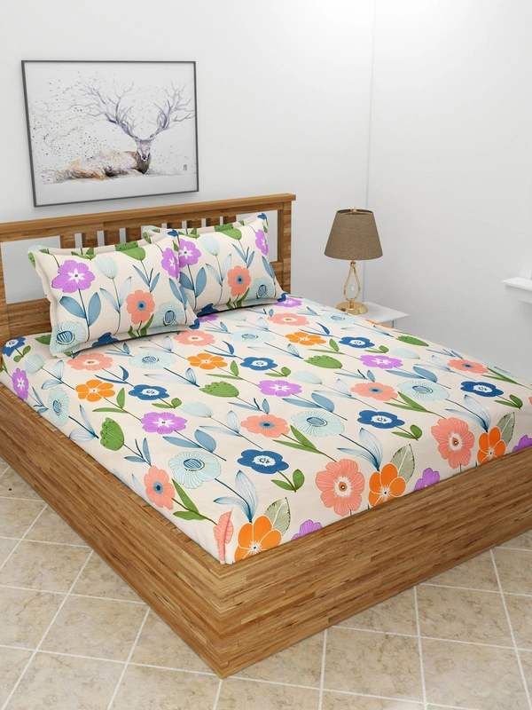 MORADO Premium Glace Cotton Double Bedsheet with 2 King Size Pillow Covers (90x100 Inches) - Offwhite