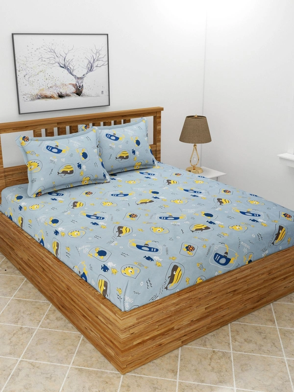 MORADO Premium Glace Cotton Double Bedsheet with 2 King Size Pillow Covers (90x100 Inches) - Blue