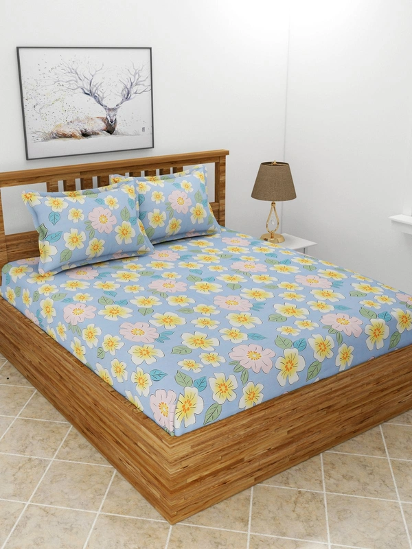 MORADO Premium Glace Cotton Double Bedsheet With 2 King Size Pillow Covers (90x100 Inches) - 90x100 Inches, Blue