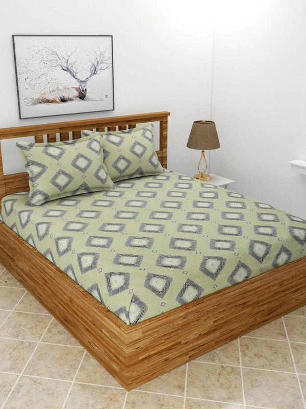 MORADO Premium Glace Cotton Double Bedsheet with 2 King Size Pillow Covers (90x100 Inches, Green Sqaure) - 90x100 Inches, Green