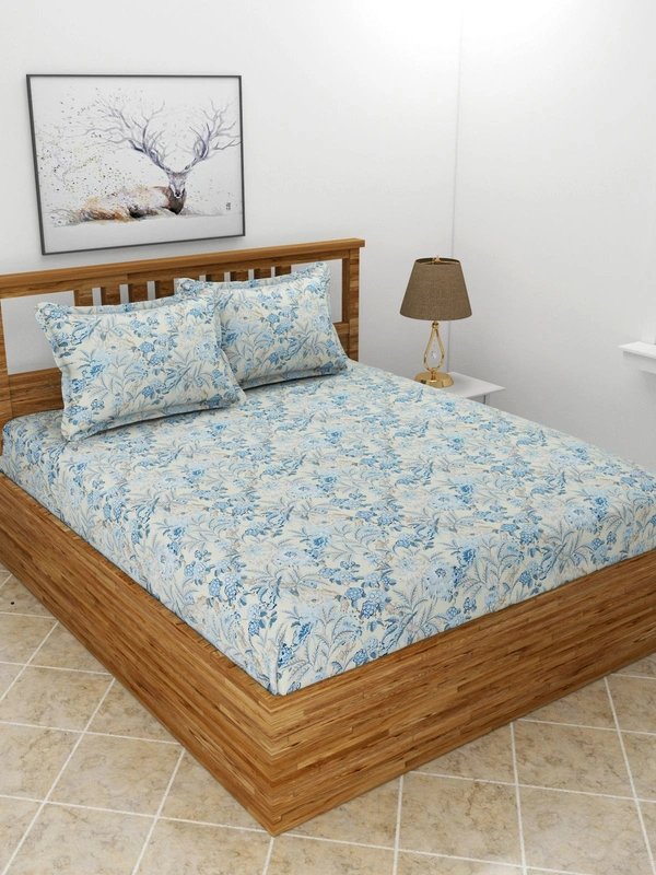 MORADO Premium Glace Cotton Double Bedsheet with 2 King Size Pillow Covers (90x100 Inches, Blue Cream) - 90x100 Inches, Blue