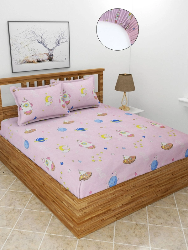 MORADO Premium Glace Cotton Elastic Fitted Double Bedsheet with 2 Pillow Covers (72x78x8 Inches) - Pink, Hand Wash or Machine Wash, Wash Dark Colors Separately, Do not Bleach