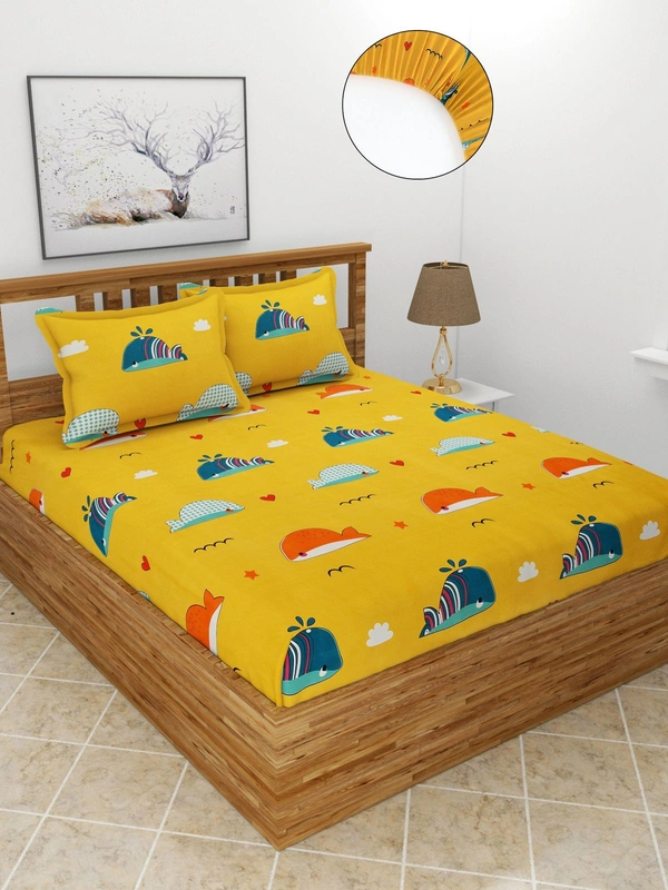 MORADO Premium Glace Cotton Elastic Fitted Double Bedsheet with 2 Pillow Covers (72x78x8 Inches) - Yellow, Hand Wash or Machine Wash, Wash Dark Colors Separately, Do not Bleach