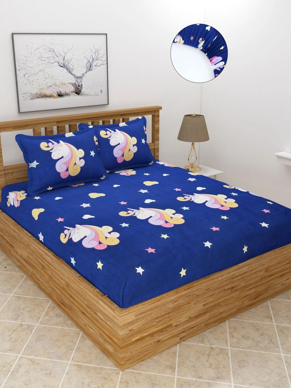 MORADO Premium Glace Cotton Elastic Fitted Double Bedsheet with 2 Pillow Covers (72x78x8 Inches) - Blue, Hand Wash or Machine Wash, Wash Dark Colors Separately, Do not Bleach