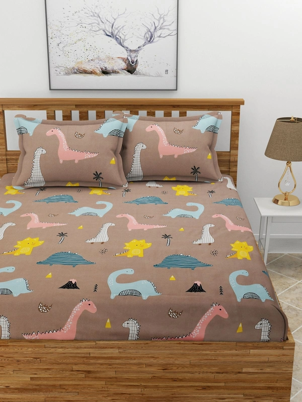 MORADO Premium Glace Cotton Elastic Fitted Double Bedsheet with 2 Pillow Covers (72x78x8 Inches) - Brown