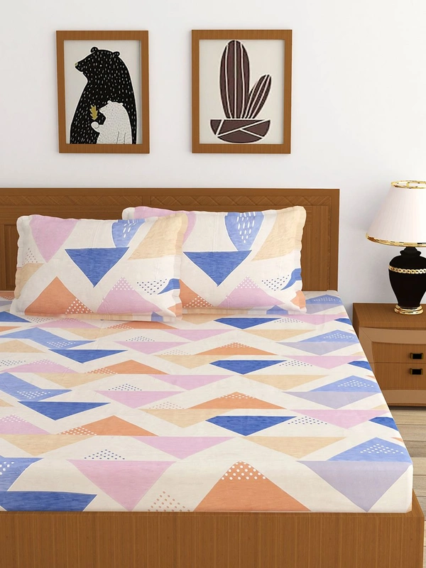 MORADO Premium Glace Cotton Elastic Fitted Double Bedsheet with 2 Pillow Covers (72x78x10 Inches)