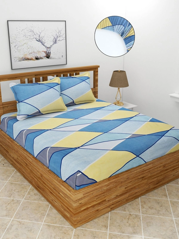MORADO Premium Glace Cotton Elastic Fitted Double Bedsheet with 2 Pillow Covers (72x78x10 Inches)