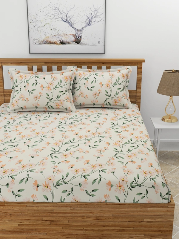 MORADO Premium Glace Cotton Elastic Fitted Double Bedsheet With 2 Pillow Covers (72x78x8 Inches) - 72x78x8 Inches, Cream