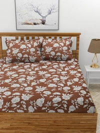 MORADO Premium Glace Cotton Elastic Fitted Double Bedsheet with 2 King Size Pillow Covers (72x78x8 Inches) - 72x78x8 Inches, Coffee