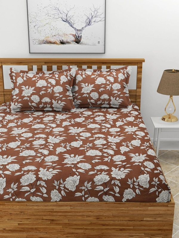 MORADO Premium Glace Cotton Elastic Fitted Double Bedsheet with 2 King Size Pillow Covers (72x78x8 Inches) - 72x78x8 Inches, Coffee