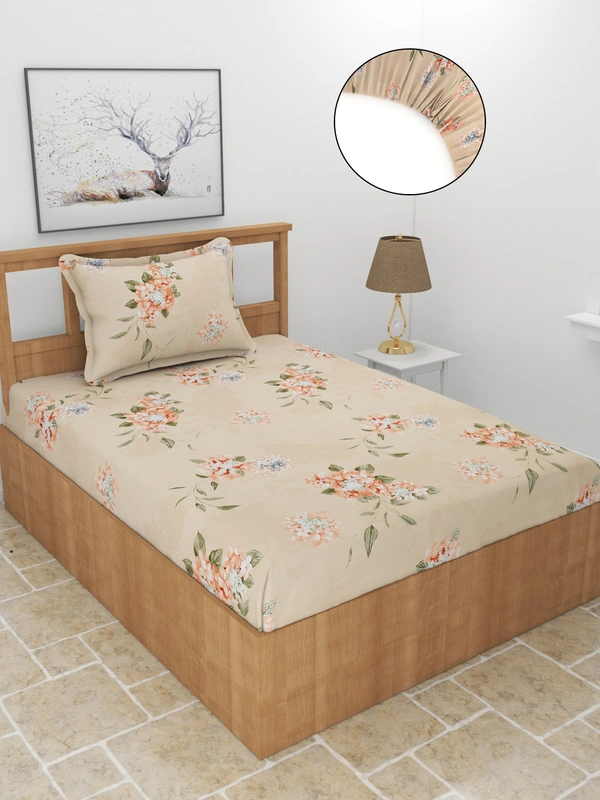 MORADO Premium Glace Cotton Elastic Fitted Single Bedsheet With 1 Pillow Cover (36x72x8 Inches) - 36x72x8 Inches, Peach