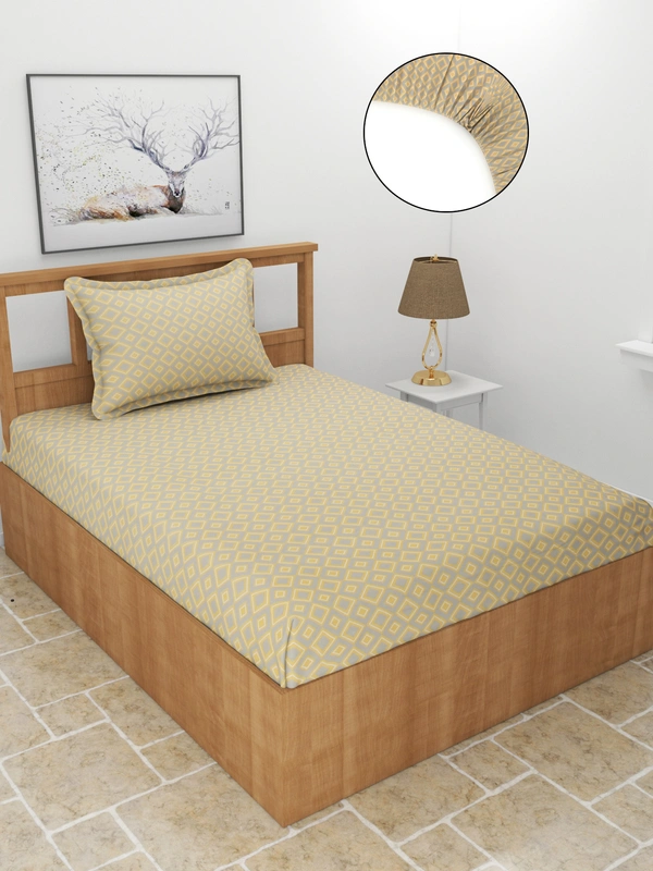 MORADO Premium Glace Cotton Elastic Fitted Single Bedsheet With 1 Pillow Cover (36x72x8 Inches) - 36x72x8 Inches, Yellow