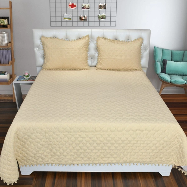 MORADO Premium Glace Cotton Quilted Bed Cover with 2 Quilted Pillow Covers with Beautiful Bubble Lace on Border - 90x100 Inches, Offwhite - 90x100 Inches, Offwhite