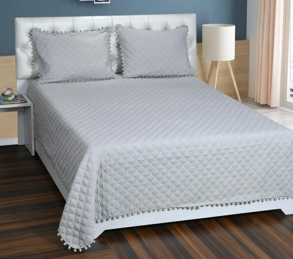 MORADO Premium Glace Cotton Quilted Bed Cover with 2 Quilted Pillow Covers with Beautiful Bubble Lace on Border - 90x100 Inches Light Grey - 90x100 Inches, Light Grey