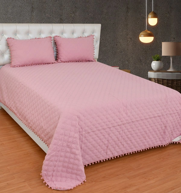 MORADO Premium Glace Cotton Quilted Bed Cover with 2 Quilted Pillow Covers with Beautiful Bubble Lace on Border - 90x100 Inch, Light Pink - 90x100 Inches, Pink