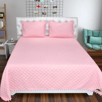 MORADO Premium Glace Cotton Quilted Bed Cover with 2 Quilted Pillow Covers with Beautiful Bubble Lace on Border - 90x100 Inch, Light Pink - 90x100 Inches, Pink