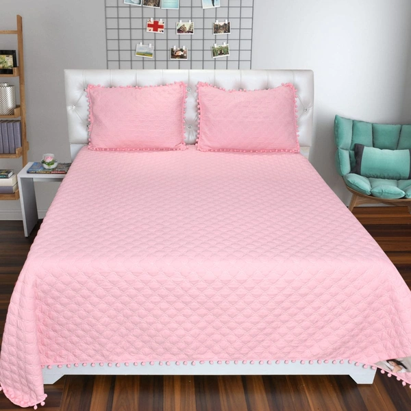 MORADO Premium Glace Cotton Quilted Bed Cover with 2 Quilted Pillow Covers with Beautiful Bubble Lace on Border - 90x100 Inch, Light Pink - 90x100 Inches, Pink