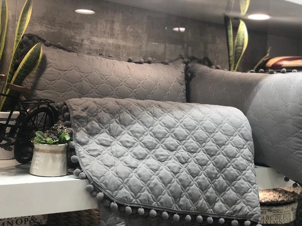 MORADO Premium Glace Cotton Quilted Bed Cover with 2 Quilted Pillow Covers with Beautiful Bubble Lace on Border - 90x100 Inch, Dark Grey - 90x100 Inches, Grey